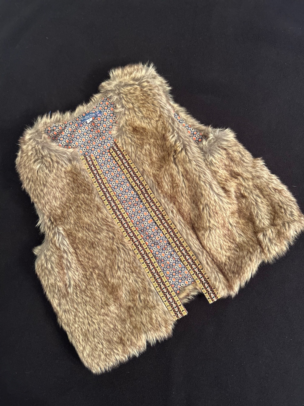 Truly me girls Faux Fur Vest in Light Brown with Patterned Trim trendy girl boho